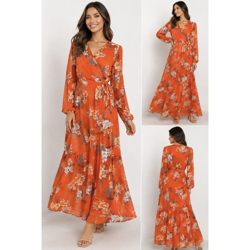 Bar 111 Wrap Maxi Dress Women's M Floral Orange Long Sleeve Sheer Ruffle Boho